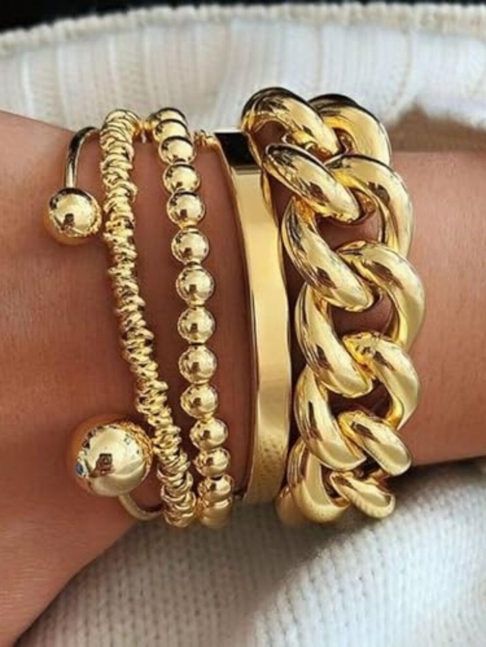 New - Gold Bracelets Stack for Women Trendy, 5 Pcs Chunky Adjust‎ Chain Beaded